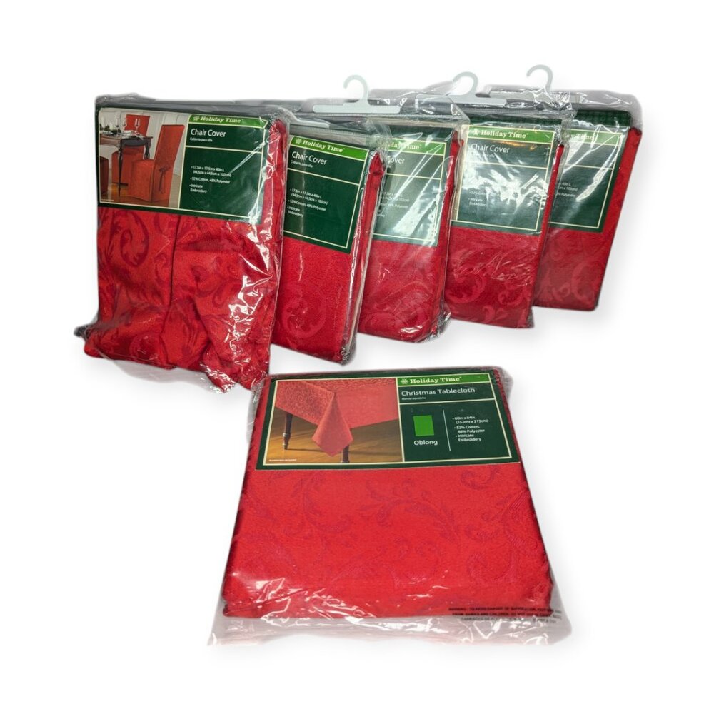 Holiday Time Matching Oblong Table Cloth & 5 Chair Covers- Red Embroidery NWT